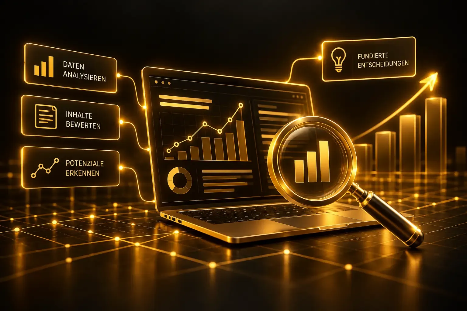 Abstrakte Darstellung der Analyse von Inhalten und digitaler Sichtbarkeit zur Erkennung von Potenzialen